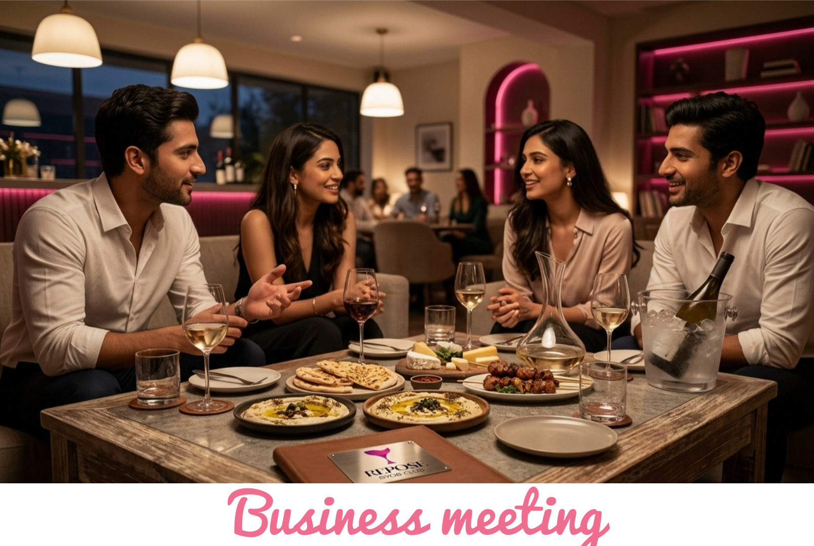 Business-style table conversation inside a premium lounge setting