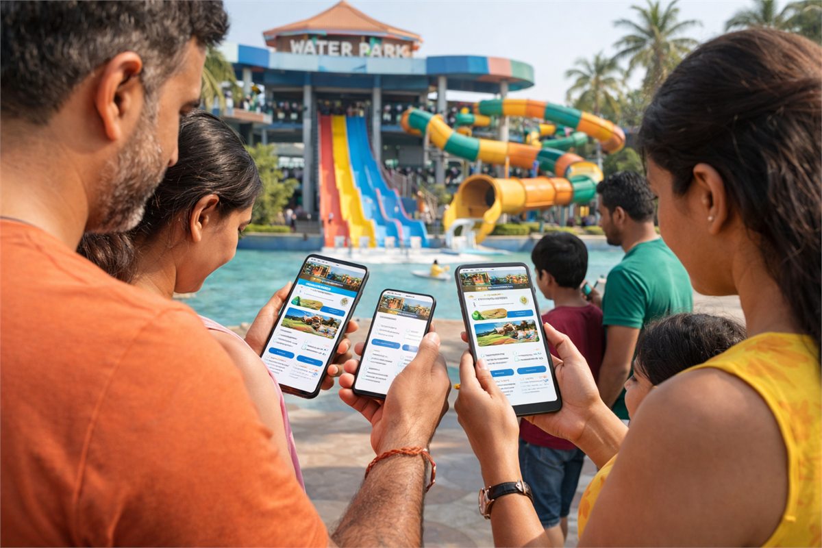 Families exploring water park offers before booking online
